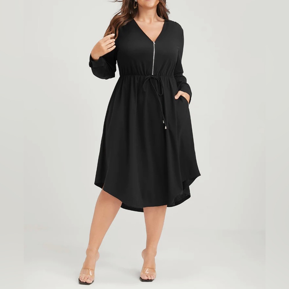 Solid Zipper Pocket Flutter Drawstring Asymmetrical Hem Dress